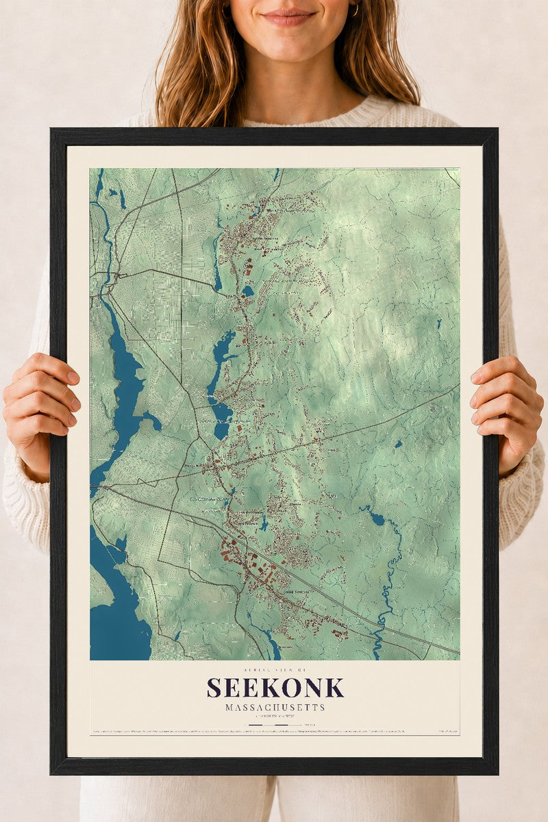 Seekonk, Massachusetts map print - 18 x 24 black Ayous wood frame