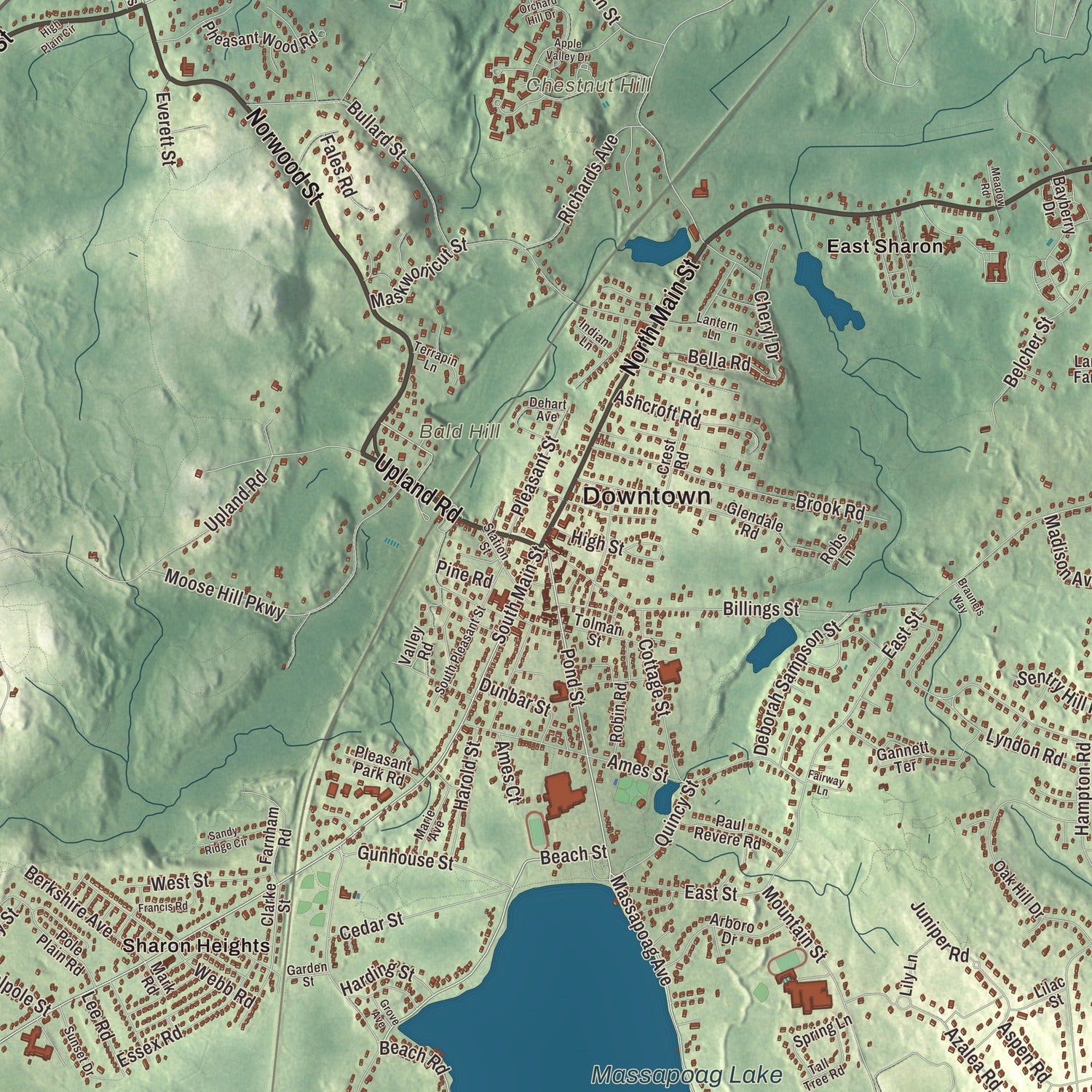Street and neighborhood detail from the Sharon, Massachusetts map