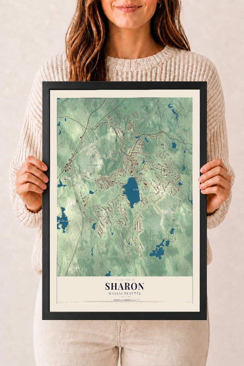 Sharon, Massachusetts map print - 12 x 18 black Ayous wood frame