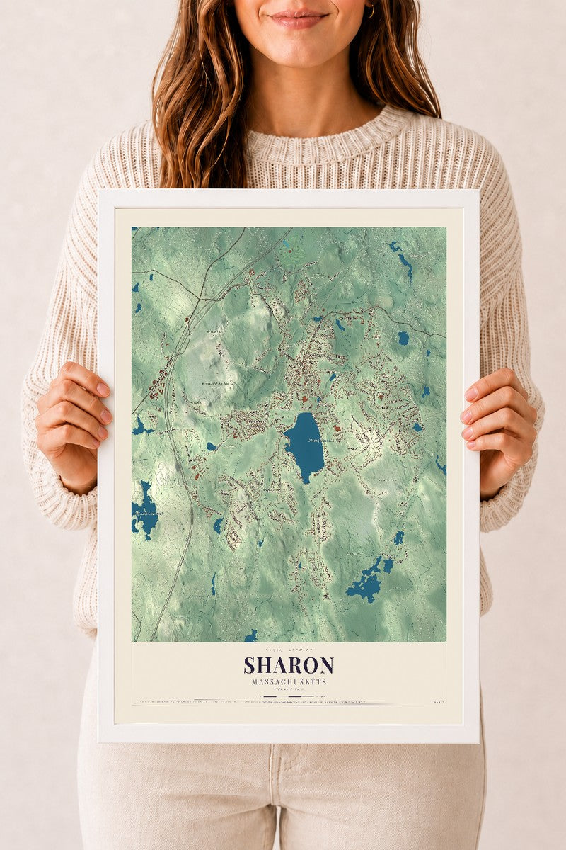 Sharon, Massachusetts map print - 12 x 18 white Ayous wood frame