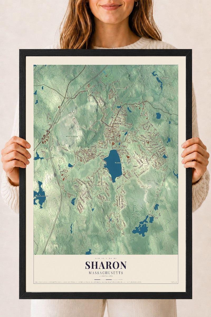 Sharon, Massachusetts map print - 18 x 24 black Ayous wood frame