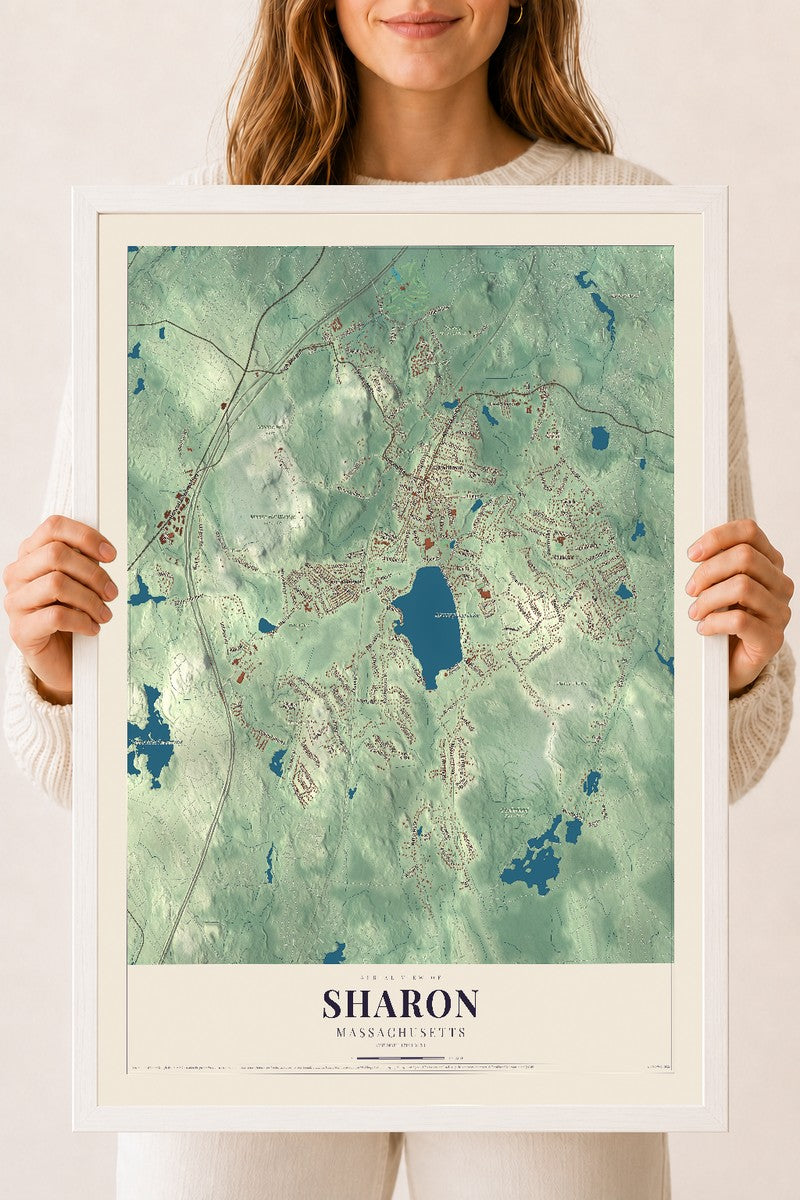 Sharon, Massachusetts map print - 18 x 24 white Ayous wood frame
