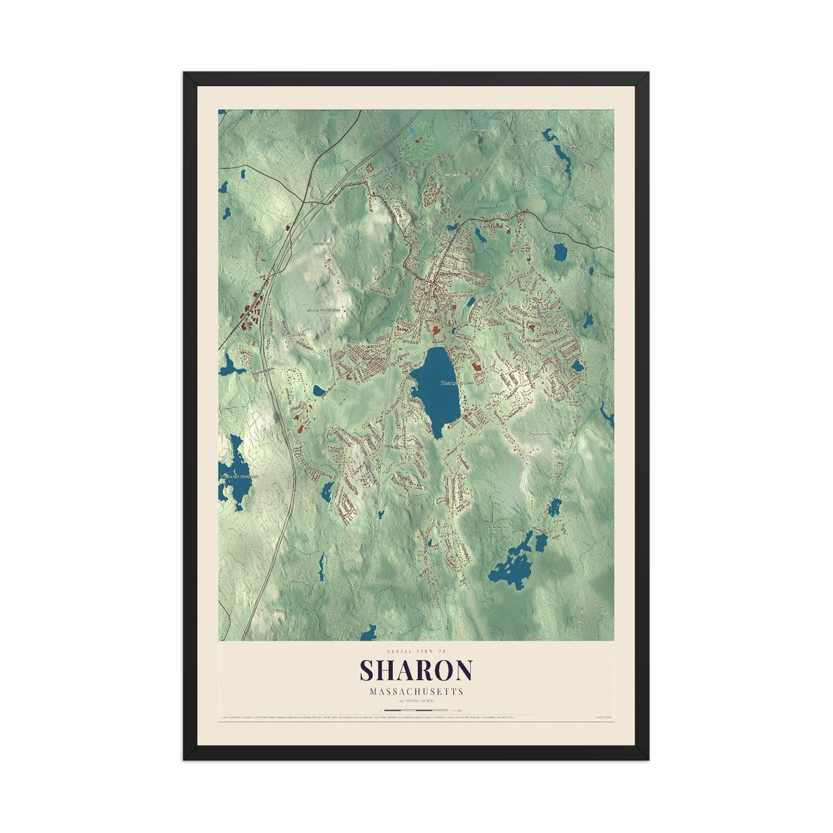 Map of Sharon, Massachusetts, 12 x 18 inch print in a black wood frame