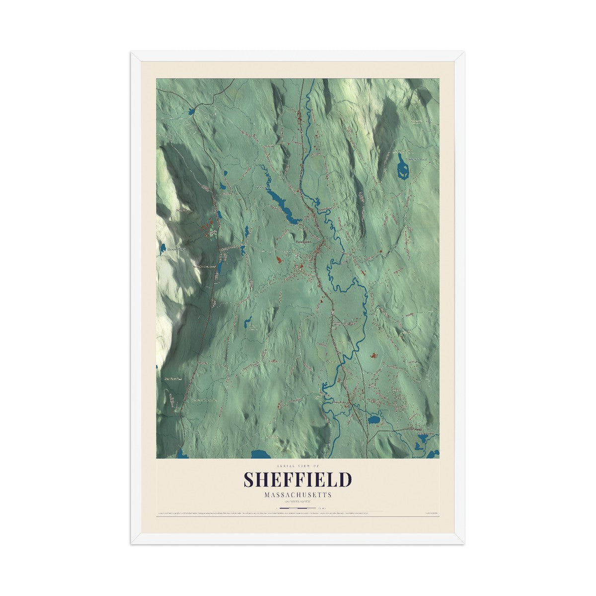 Map of Sheffield, Massachusetts, 12 x 18 inch print in a white wood frame