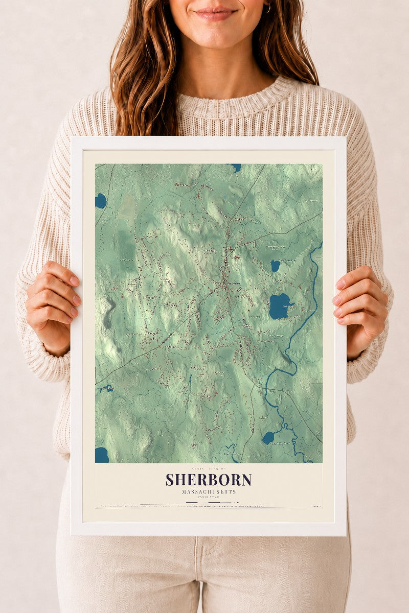 Sherborn, Massachusetts map print - 12 x 18 white Ayous wood frame