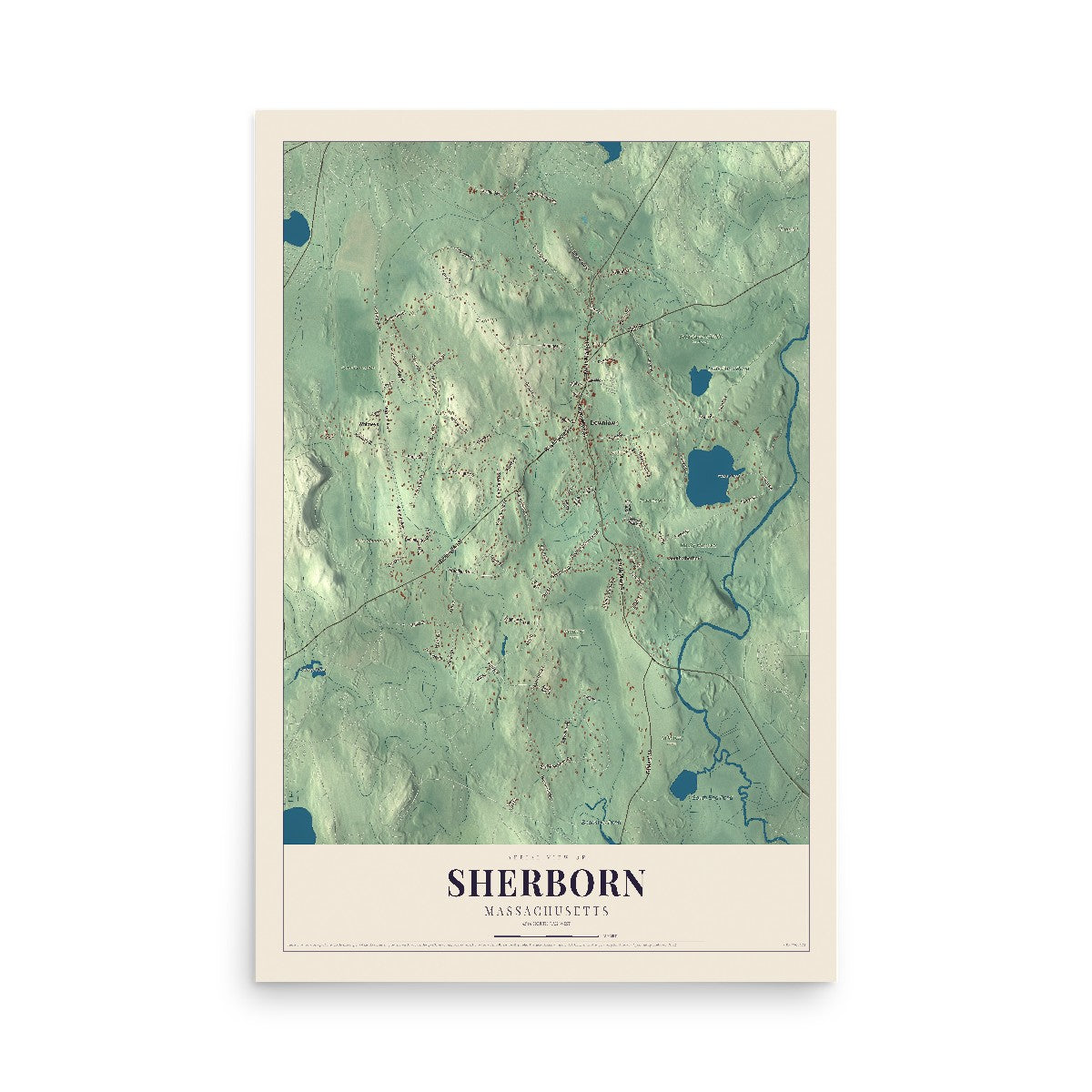 Map of Sherborn, Massachusetts, 12 x 18 inch unframed archival matte print