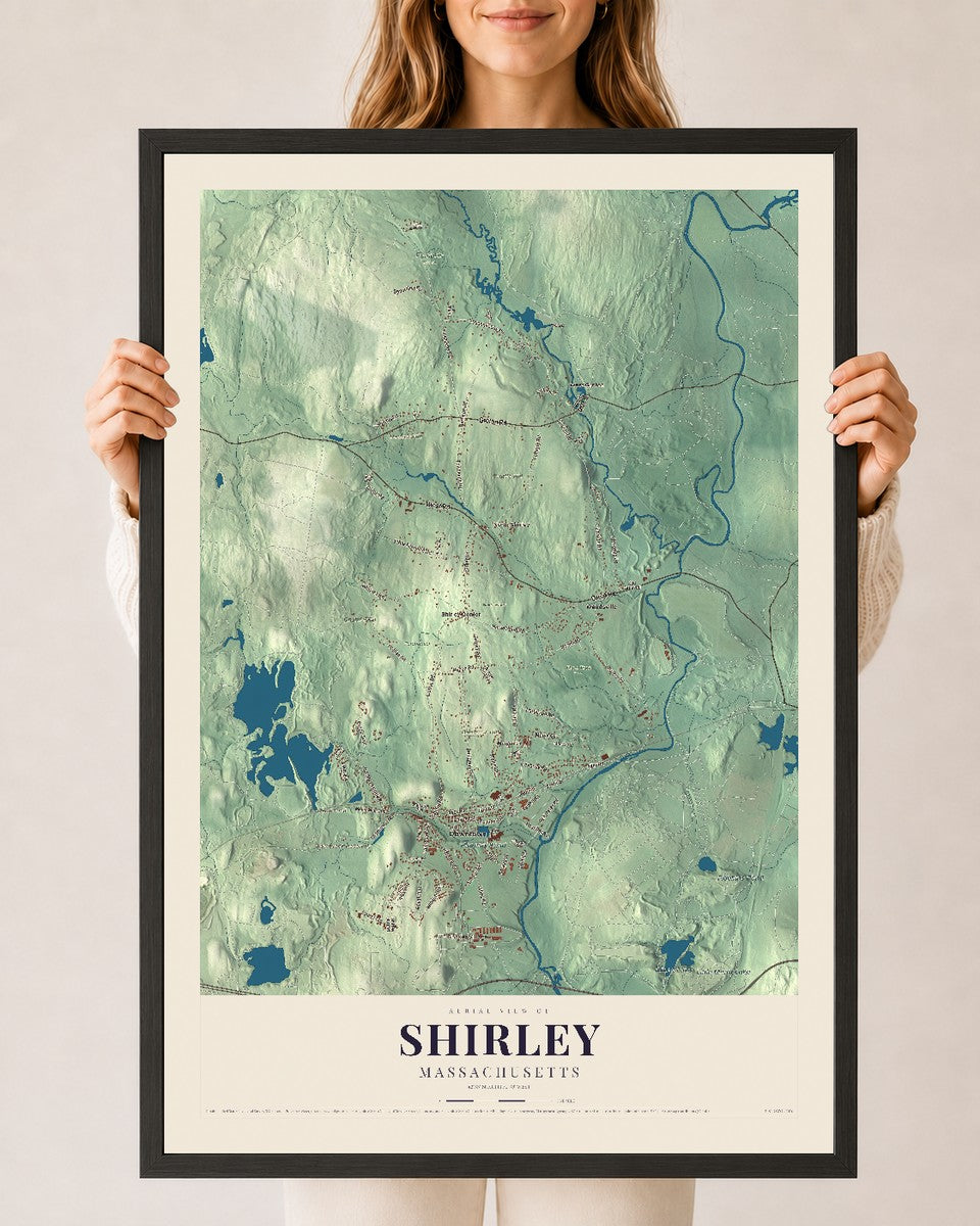 Shirley, Massachusetts map print - 24 x 36 black Ayous wood frame