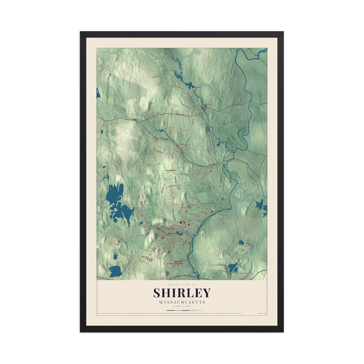 Map of Shirley, Massachusetts, 12 x 18 inch print in a black wood frame