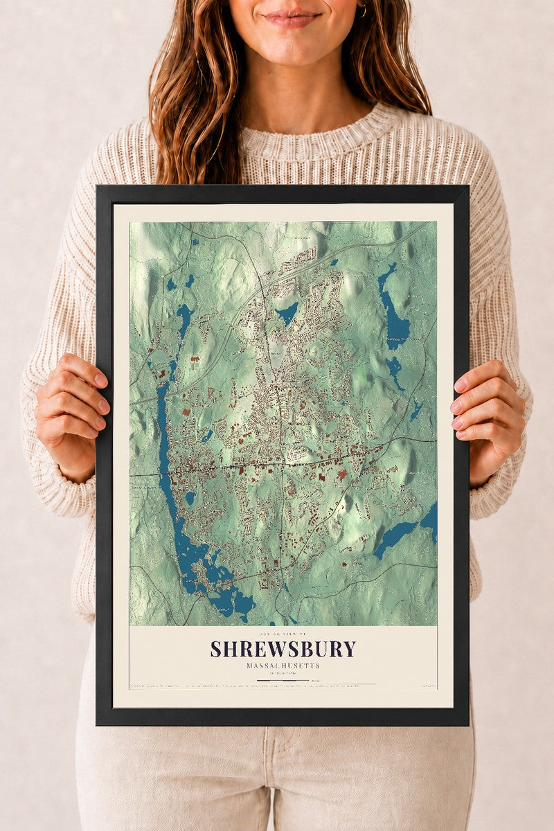 Shrewsbury, Massachusetts map print - 12 x 18 black Ayous wood frame