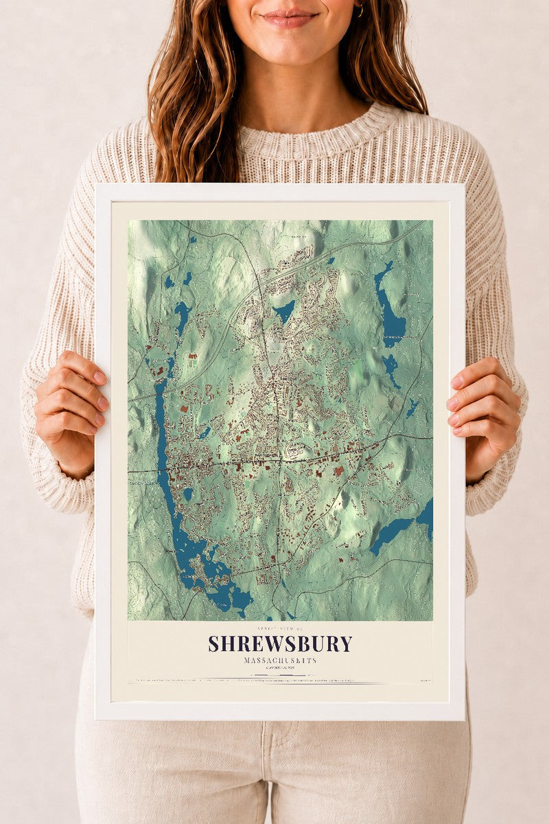 Shrewsbury, Massachusetts map print - 12 x 18 white Ayous wood frame