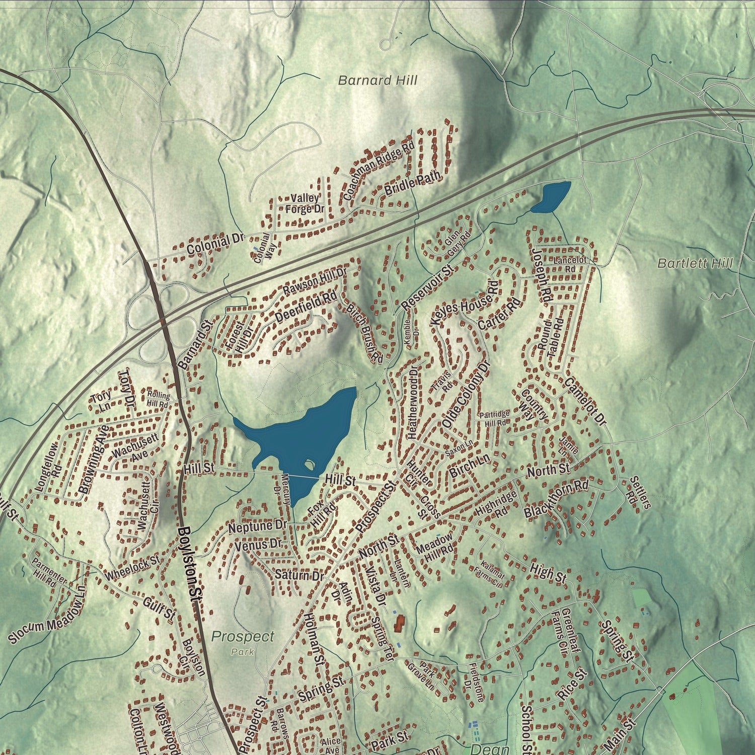 Terrain and local geography detail from the Shrewsbury, Massachusetts map