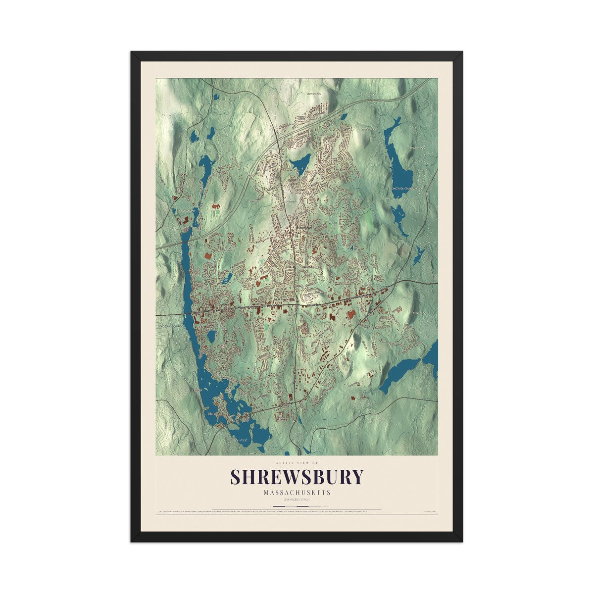 Map of Shrewsbury, Massachusetts, 12 x 18 inch print in a black wood frame