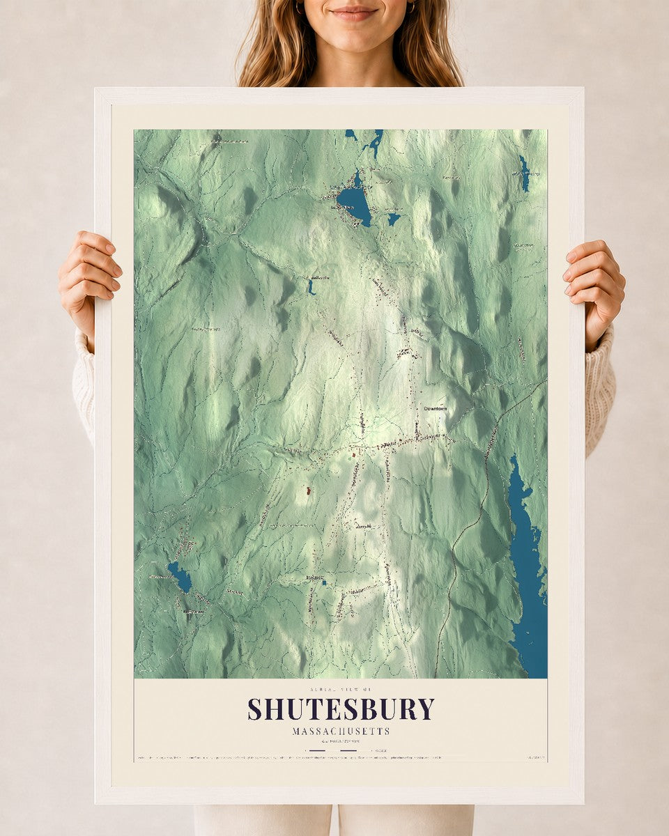 Shutesbury, Massachusetts map print - 24 x 36 white Ayous wood frame