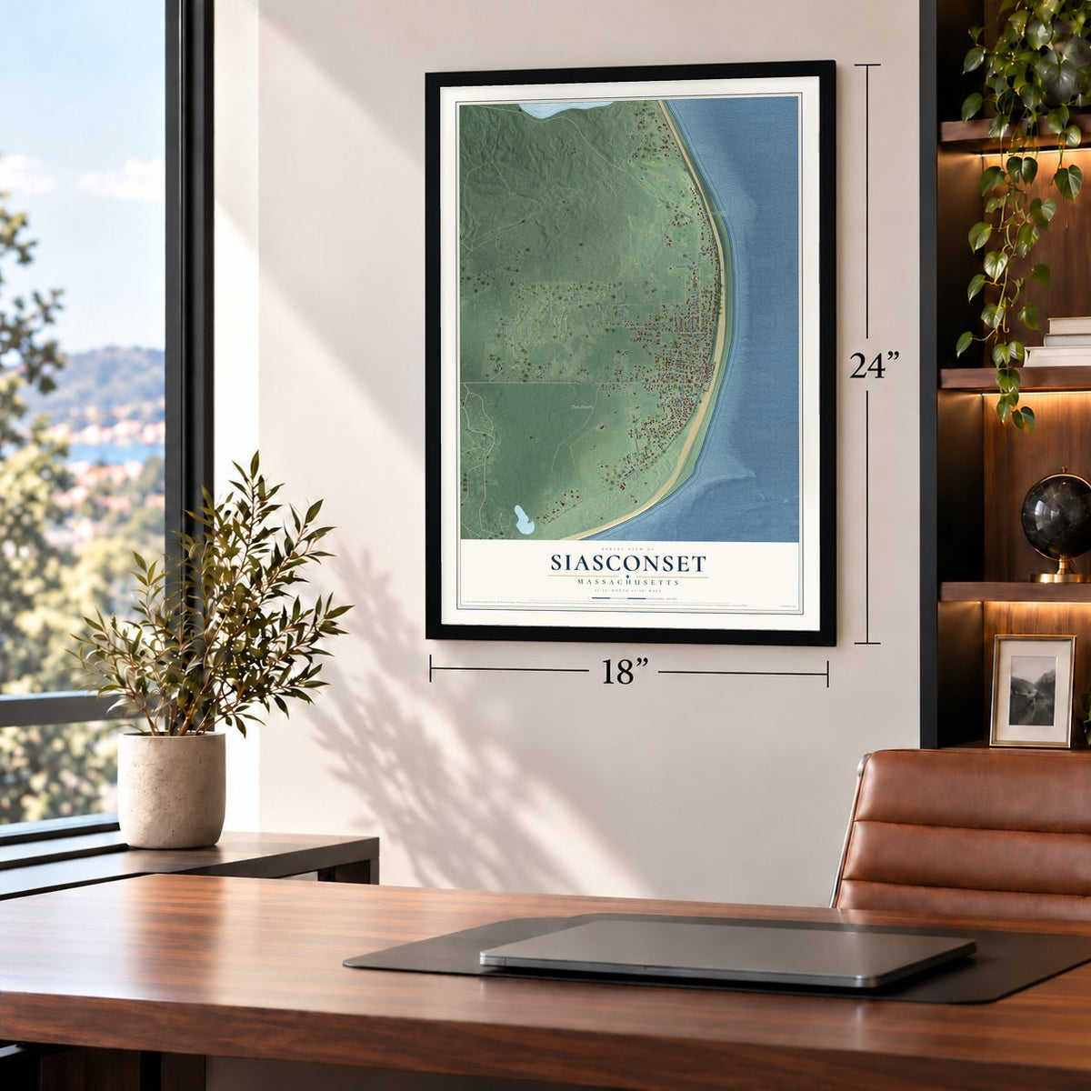 Siasconset, Massachusetts map, 18 x 24 inch print in a black frame in a home office