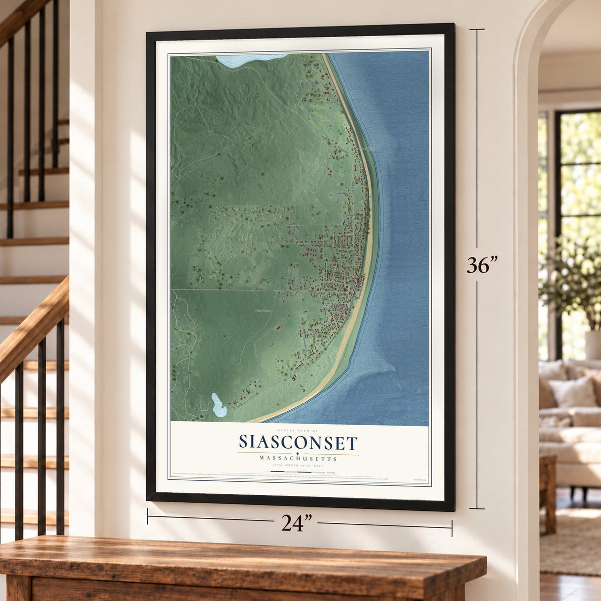 Siasconset, Massachusetts map, 24 x 36 inch print in a black frame by a staircase