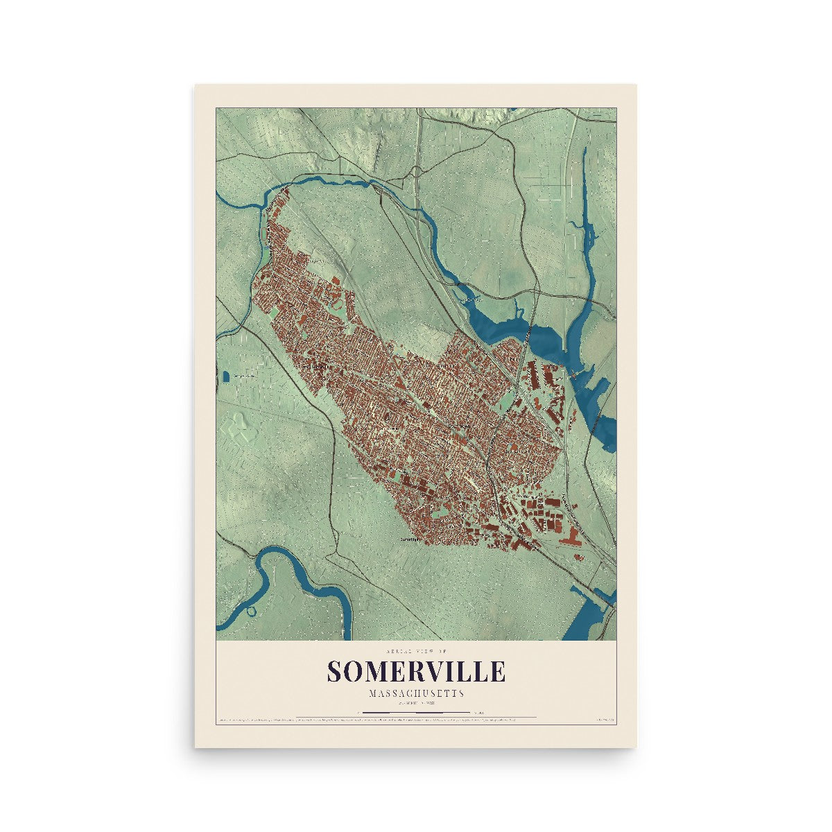 Map of Somerville, Massachusetts, 12 x 18 inch unframed archival matte print