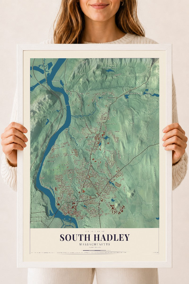 South Hadley, Massachusetts map print - 18 x 24 white Ayous wood frame