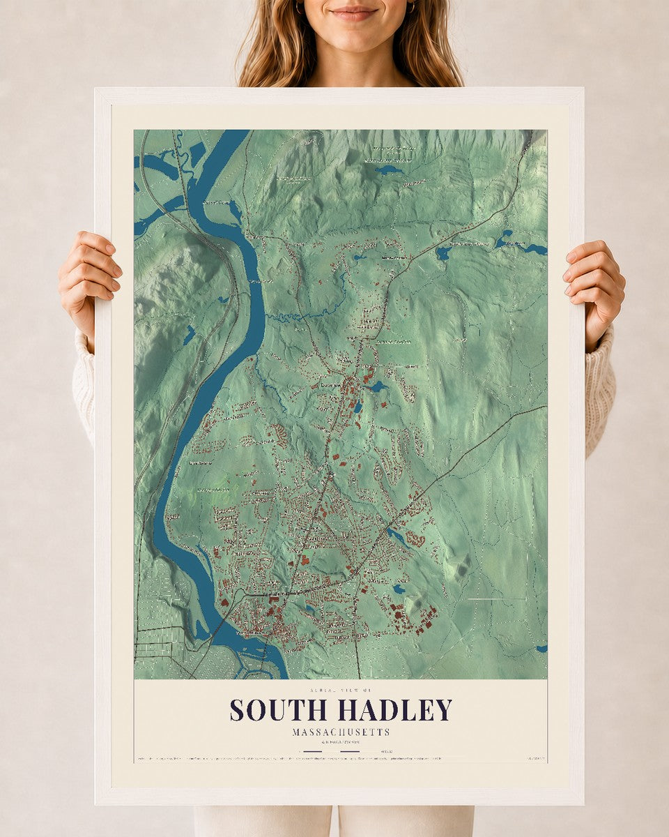 South Hadley, Massachusetts map print - 24 x 36 white Ayous wood frame