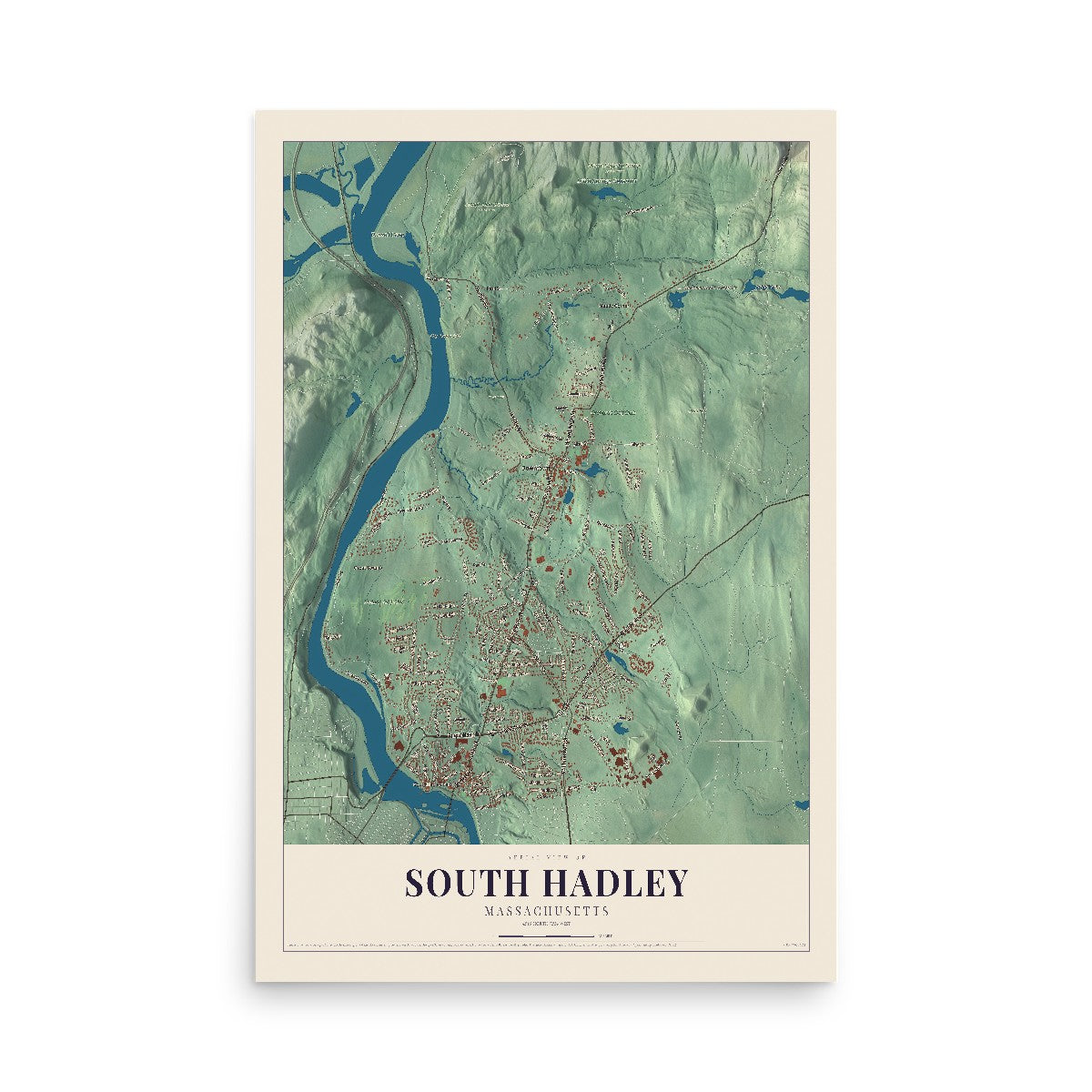 Map of South Hadley, Massachusetts, 12 x 18 inch unframed archival matte print