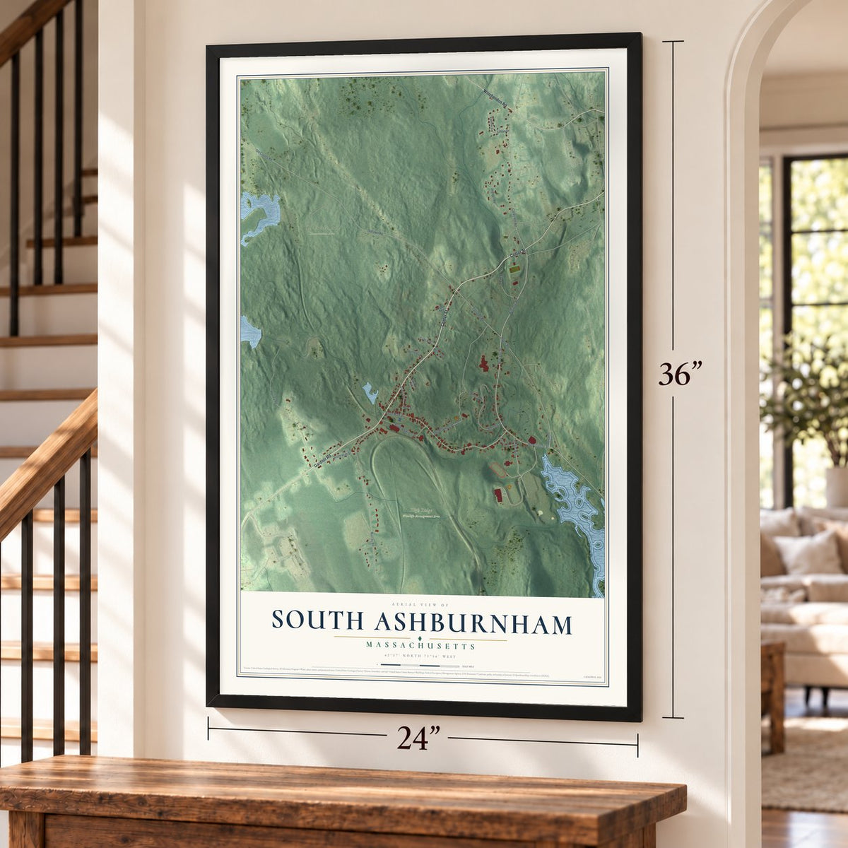 South Ashburnham, Massachusetts map, 24 x 36 inch print in a black frame by a staircase