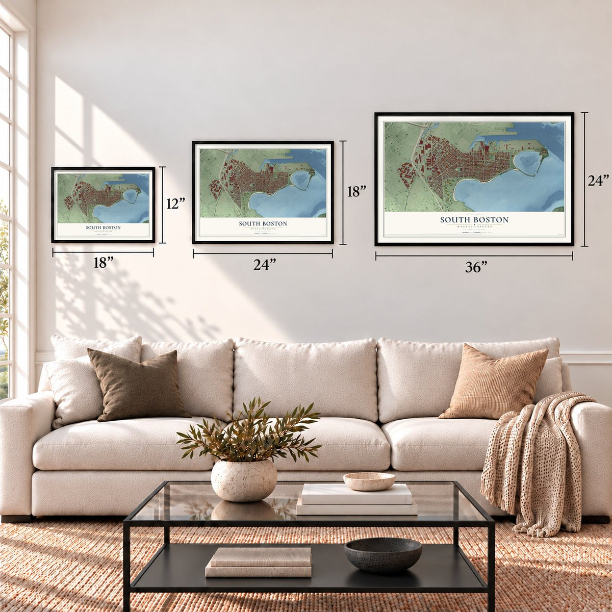 South Boston, Massachusetts map in 12 x 18, 18 x 24 and 24 x 36 inch sizes above a sofa
