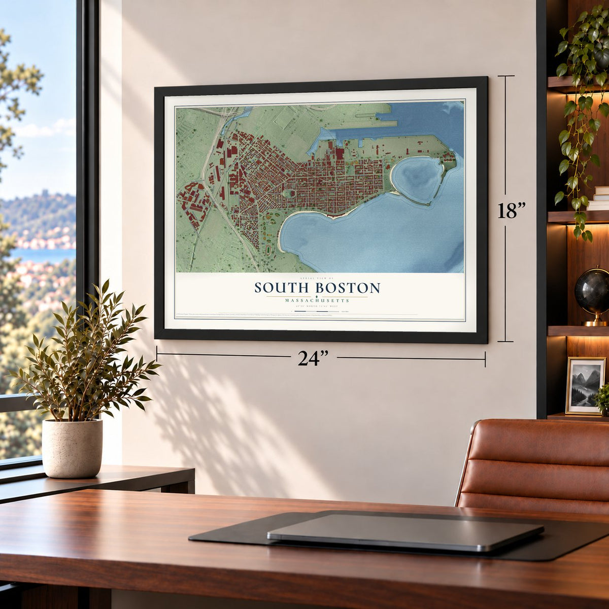 South Boston, Massachusetts map, 18 x 24 inch print in a black frame in a home office