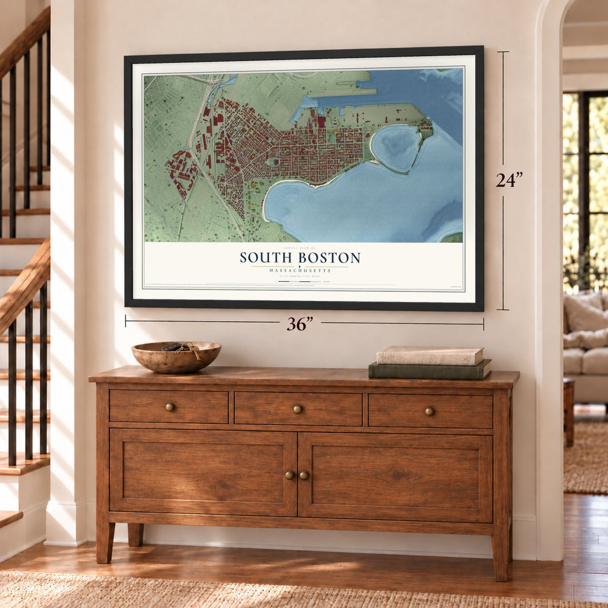 South Boston, Massachusetts map, 24 x 36 inch print in a black frame above a dresser by a staircase
