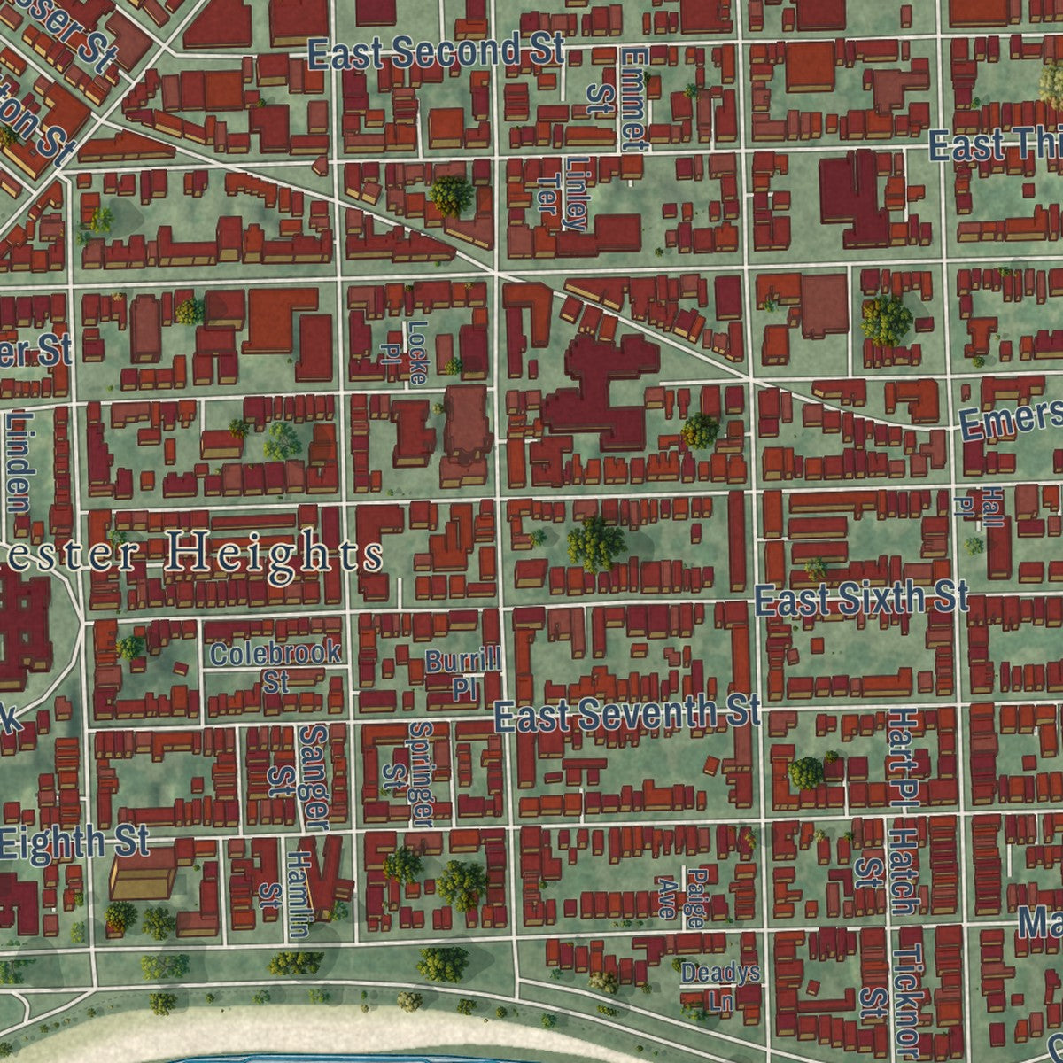 Close-up of the map of South Boston, Massachusetts print showing street and building detail