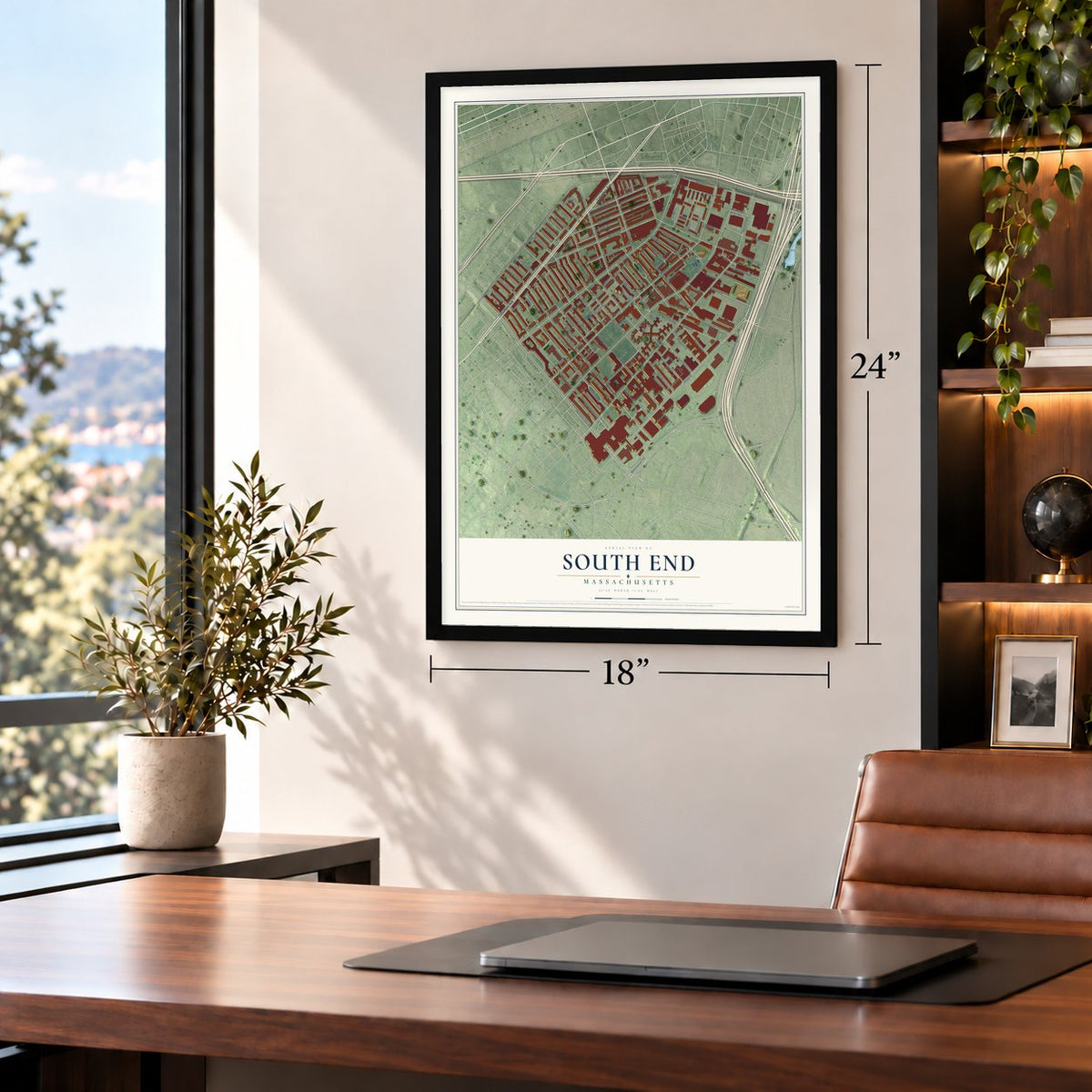 South End, Massachusetts map, 18 x 24 inch print in a black frame in a home office
