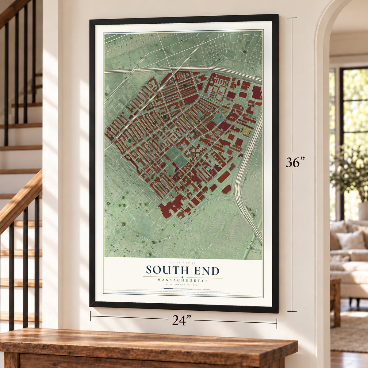 South End, Massachusetts map, 24 x 36 inch print in a black frame by a staircase
