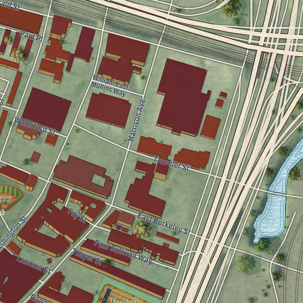 Close-up of the map of South End, Massachusetts print showing street and building detail
