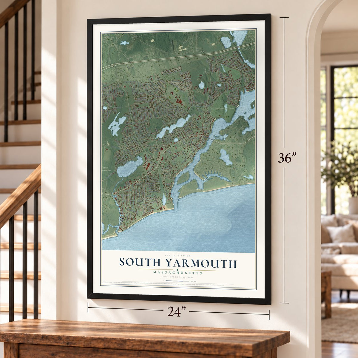 South Yarmouth, Massachusetts map, 24 x 36 inch print in a black frame by a staircase