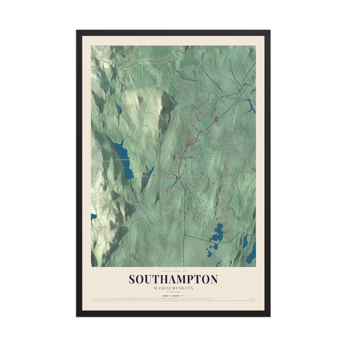 Map of Southampton, Massachusetts, 12 x 18 inch print in a black wood frame