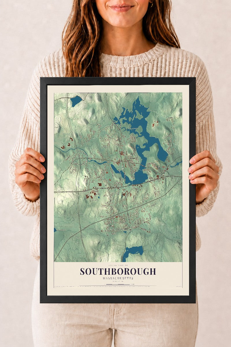 Southborough, Massachusetts map print - 12 x 18 black Ayous wood frame