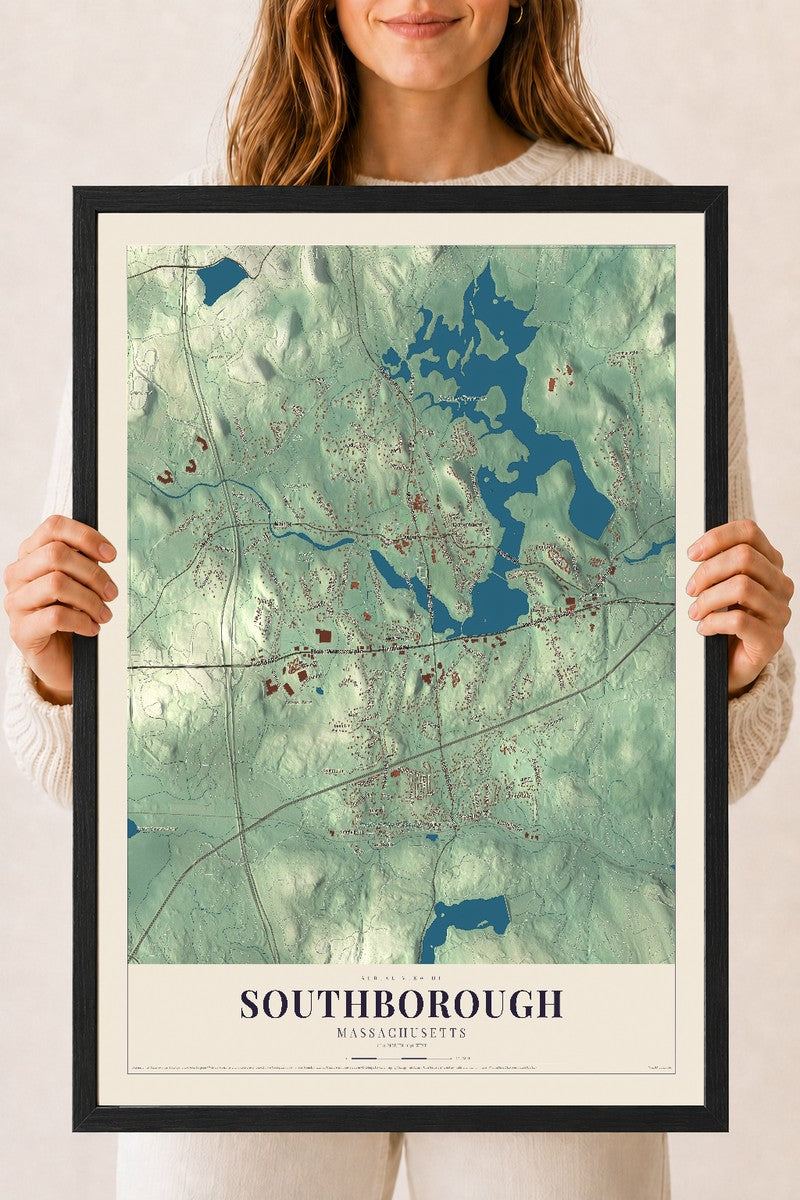 Southborough, Massachusetts map print - 18 x 24 black Ayous wood frame