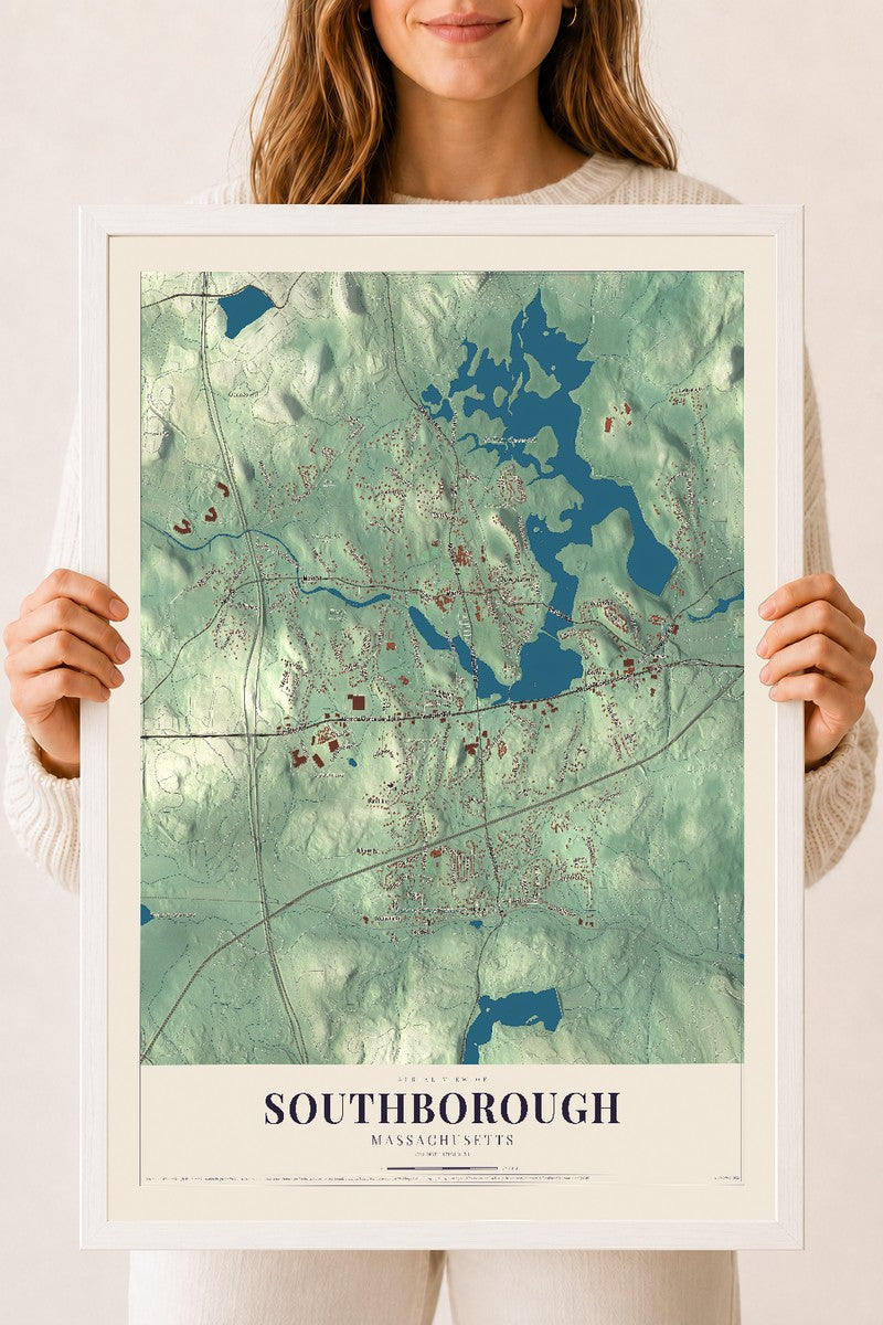Southborough, Massachusetts map print - 18 x 24 white Ayous wood frame