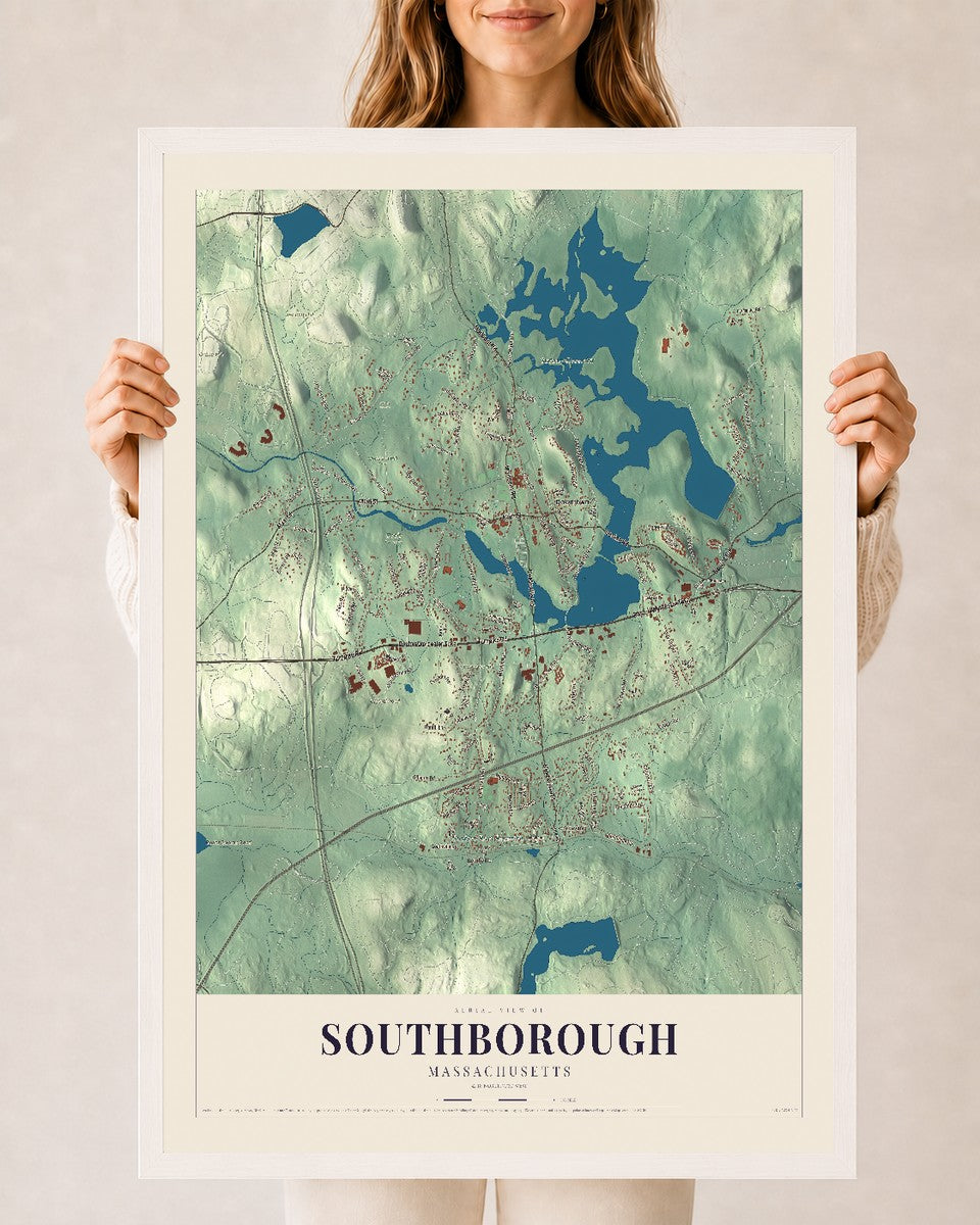 Southborough, Massachusetts map print - 24 x 36 white Ayous wood frame