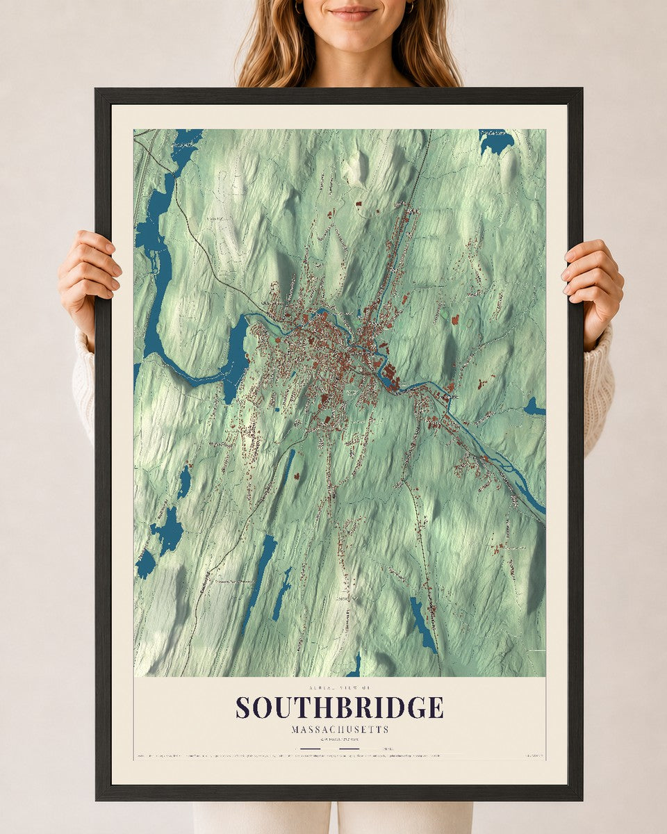Southbridge, Massachusetts map print - 24 x 36 black Ayous wood frame