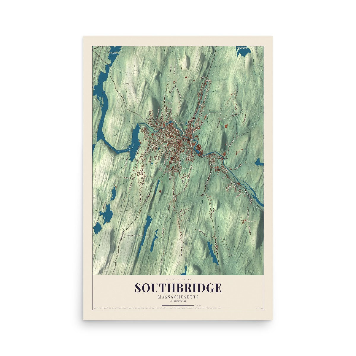 Map of Southbridge, Massachusetts, 12 x 18 inch unframed archival matte print