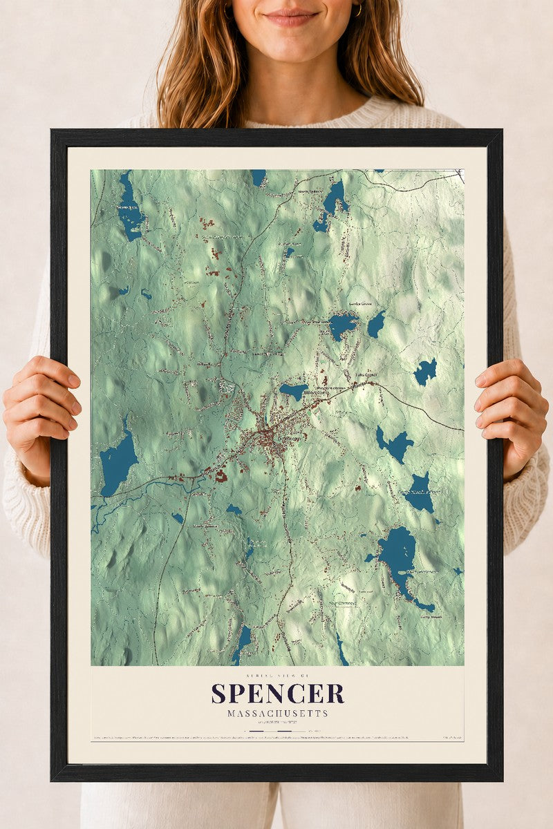 Spencer, Massachusetts map print - 18 x 24 black Ayous wood frame