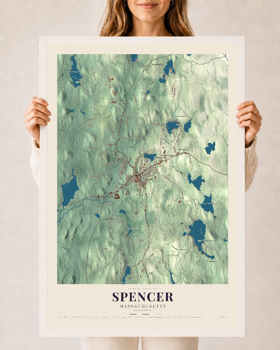 Spencer, Massachusetts map print - 24 x 36 white Ayous wood frame