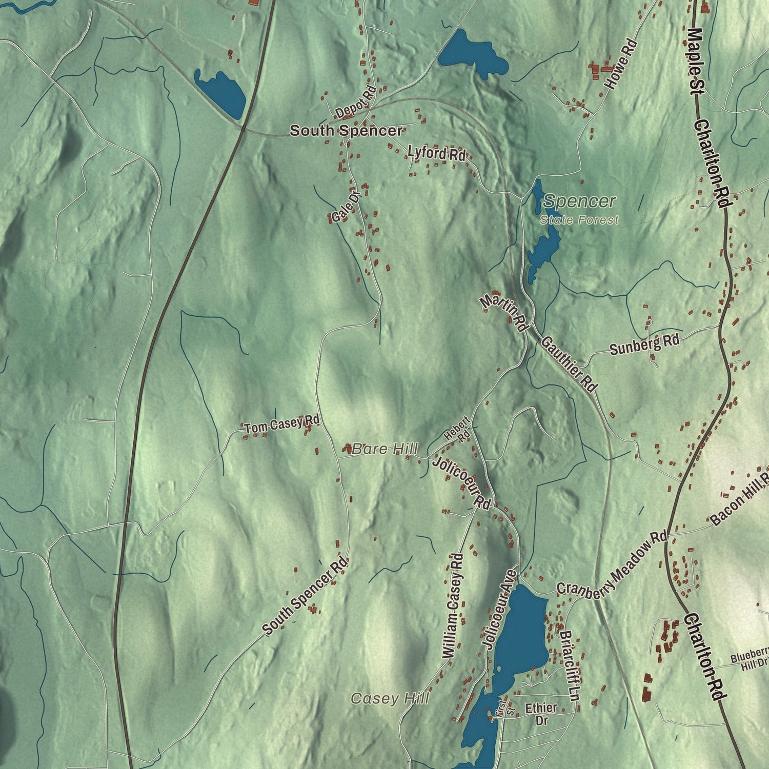 Terrain and local geography detail from the Spencer, Massachusetts map