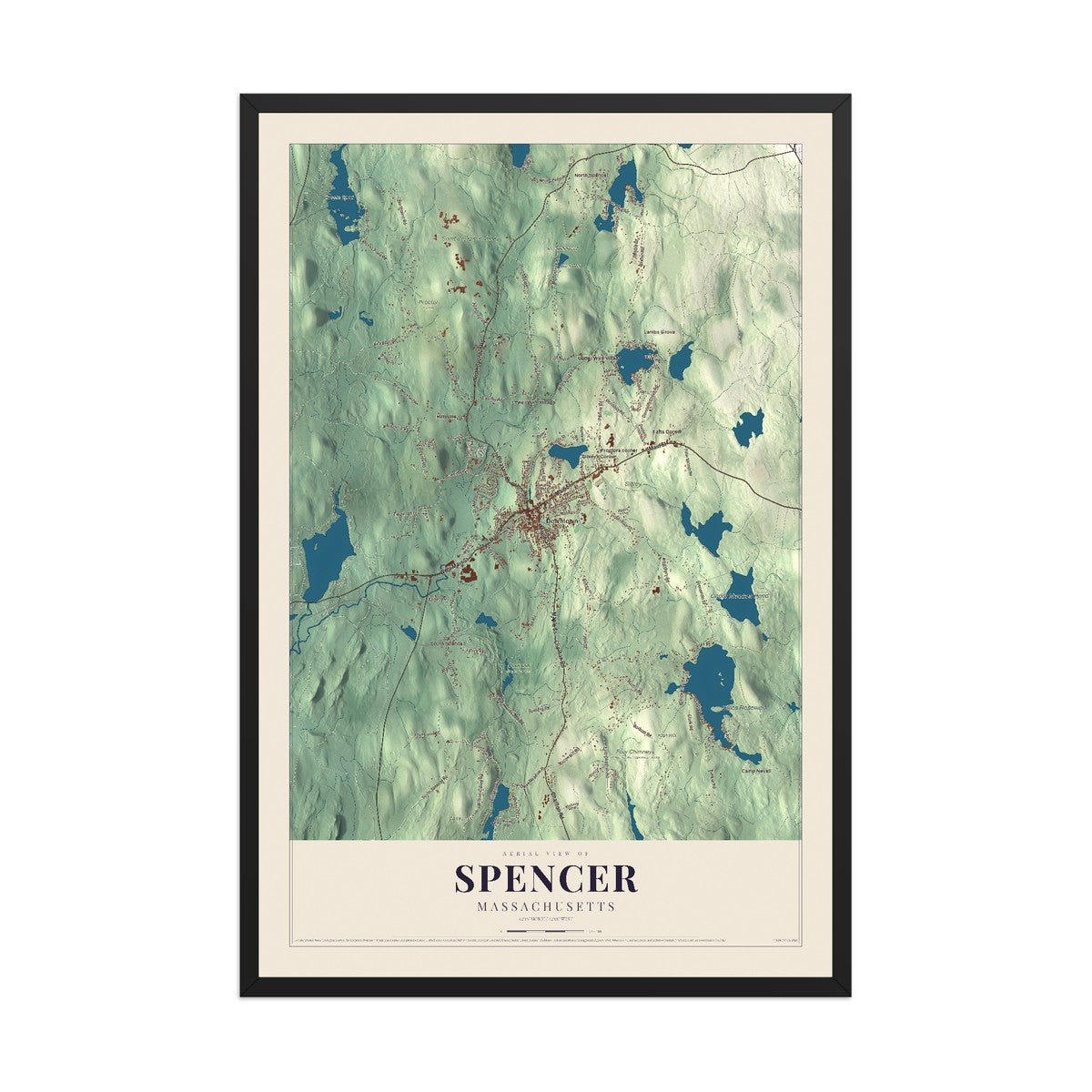 Map of Spencer, Massachusetts, 12 x 18 inch print in a black wood frame