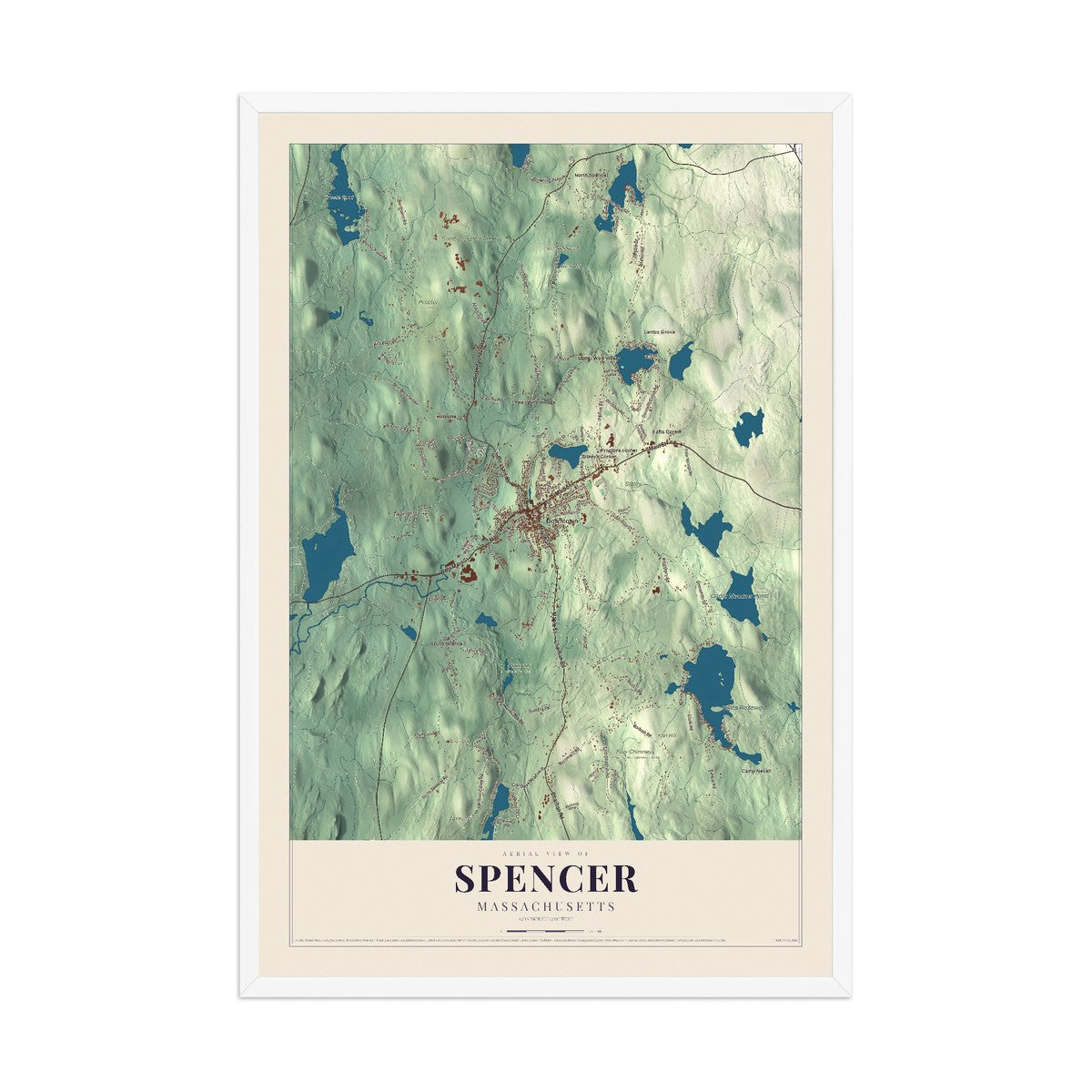 Map of Spencer, Massachusetts, 12 x 18 inch print in a white wood frame