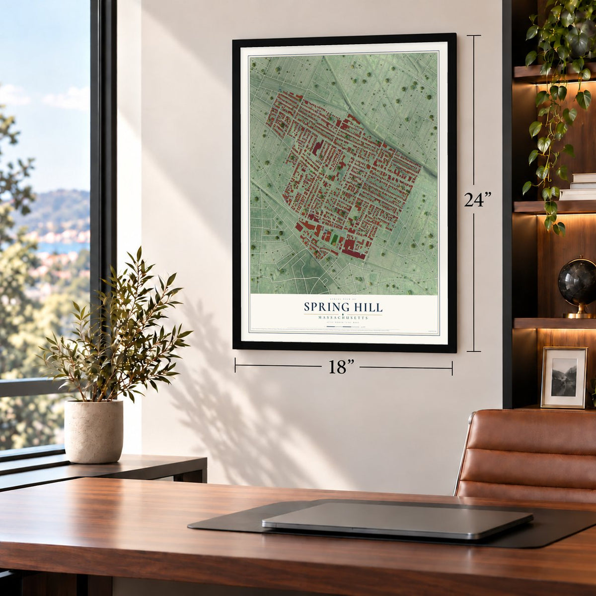 Spring Hill, Massachusetts map, 18 x 24 inch print in a black frame in a home office