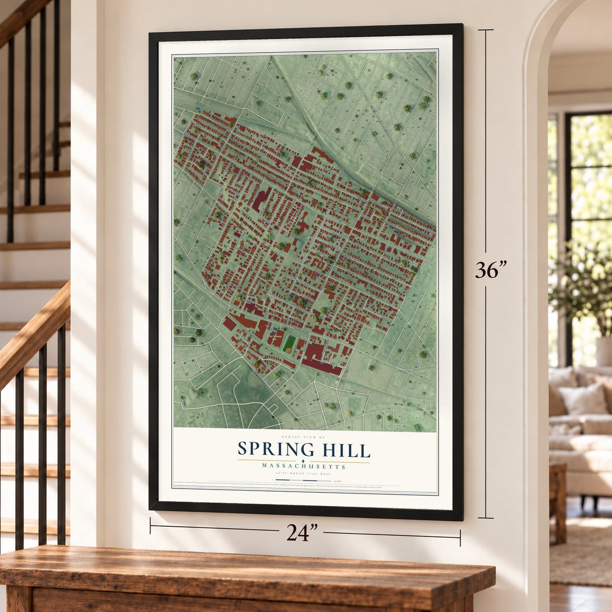 Spring Hill, Massachusetts map, 24 x 36 inch print in a black frame by a staircase