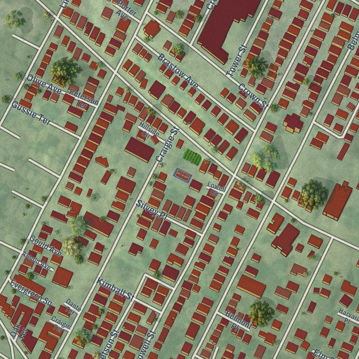 Close-up of the map of Spring Hill, Massachusetts print showing street and building detail