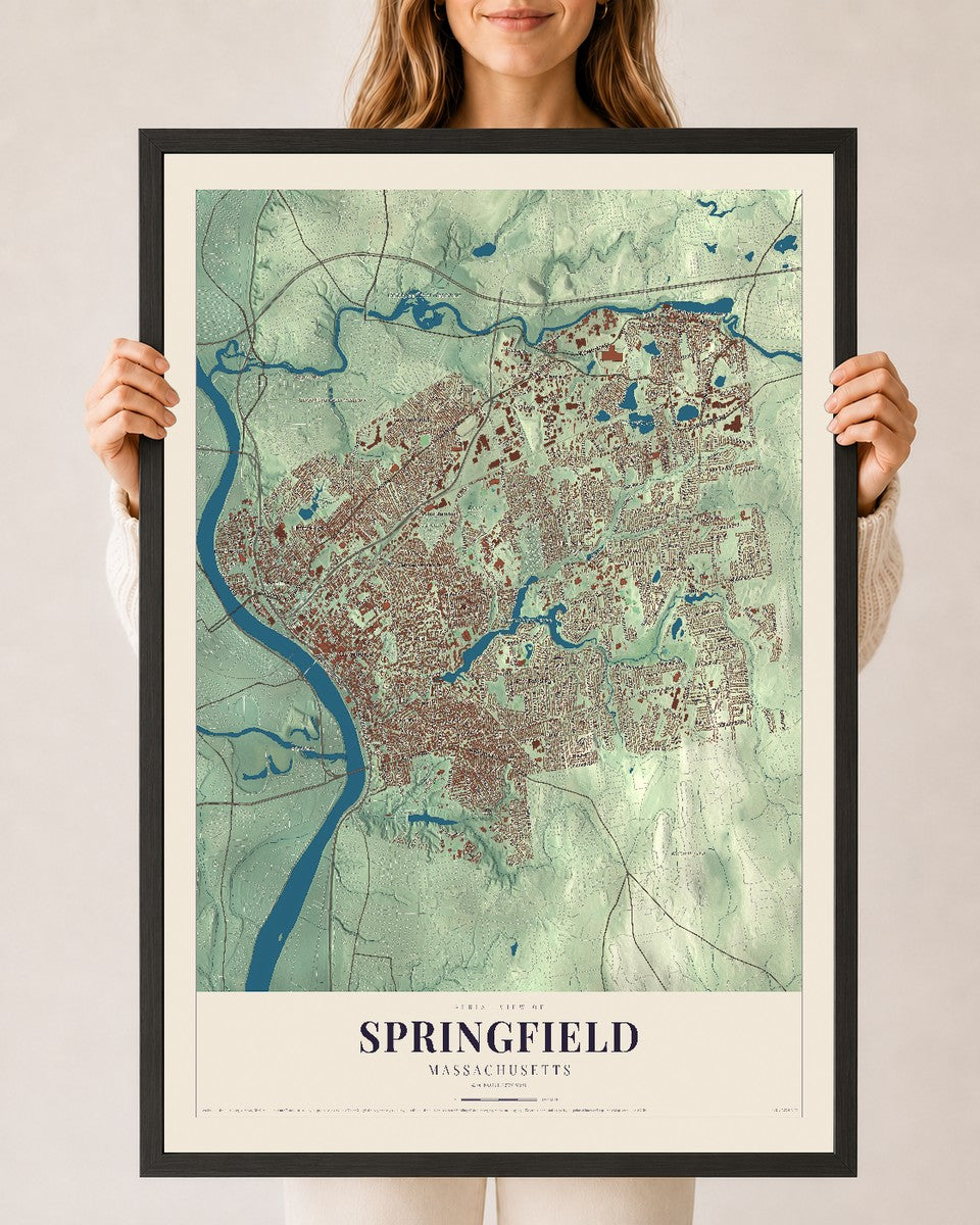 Springfield, Massachusetts map print - 24 x 36 black Ayous wood frame