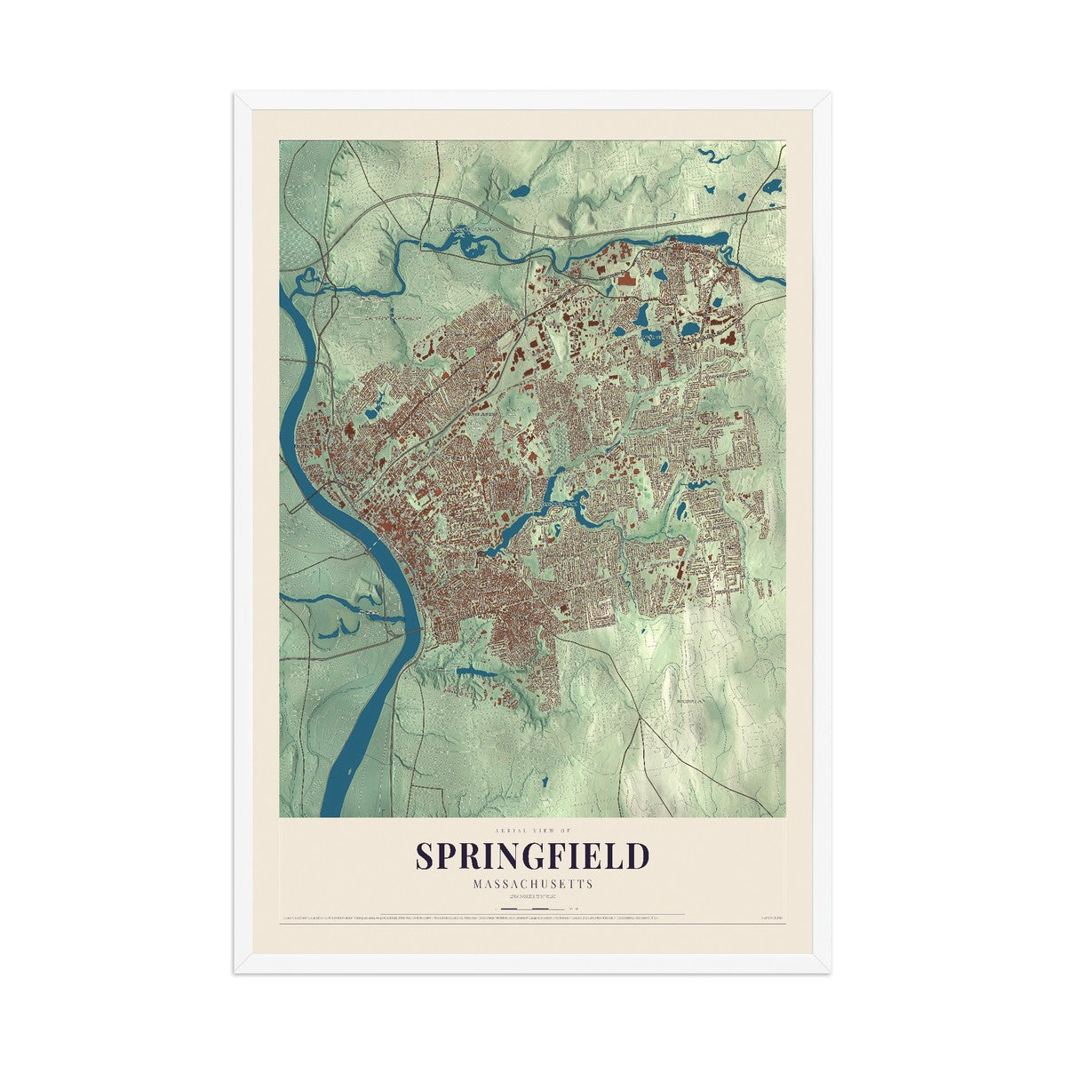 Map of Springfield, Massachusetts, 12 x 18 inch print in a white wood frame