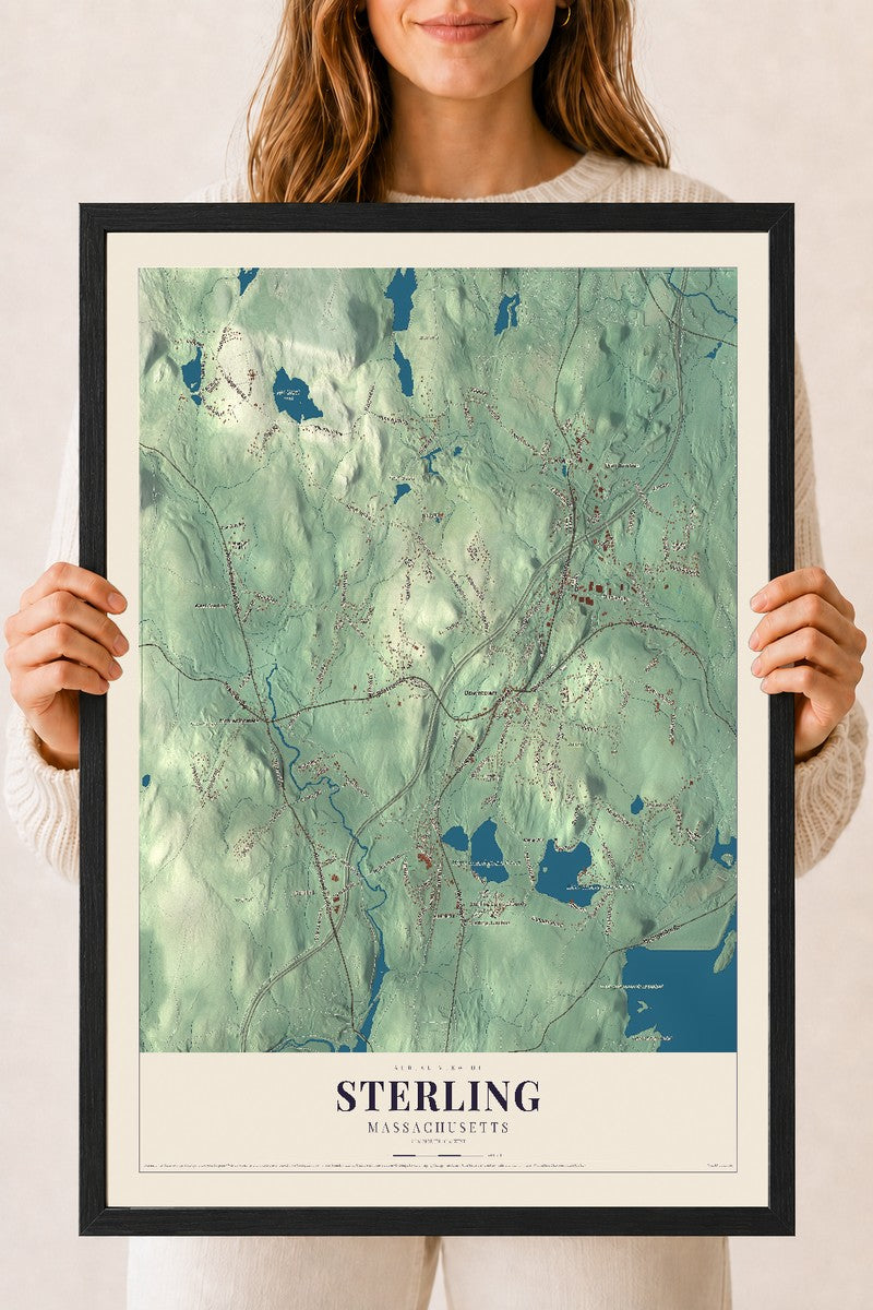 Sterling, Massachusetts map print - 18 x 24 black Ayous wood frame
